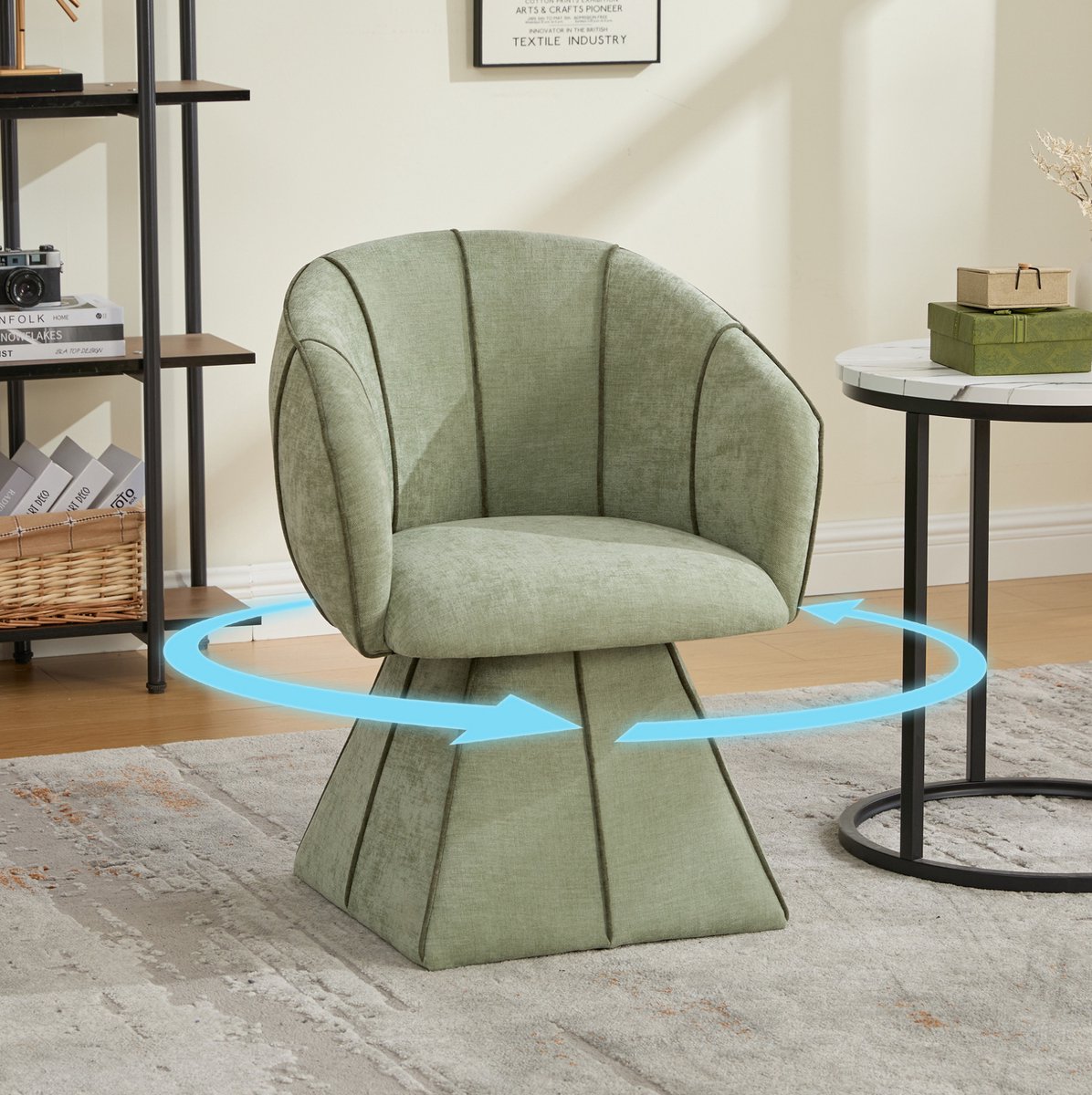 MIVRAY Fauteuil 56 x 54 x 74,5 cm - 360 Graden Draaibaar en Ergonomisch met Hoge Rugleuning - Voor Woonkamer en Slaapkamer - Chenille Olijfgroen