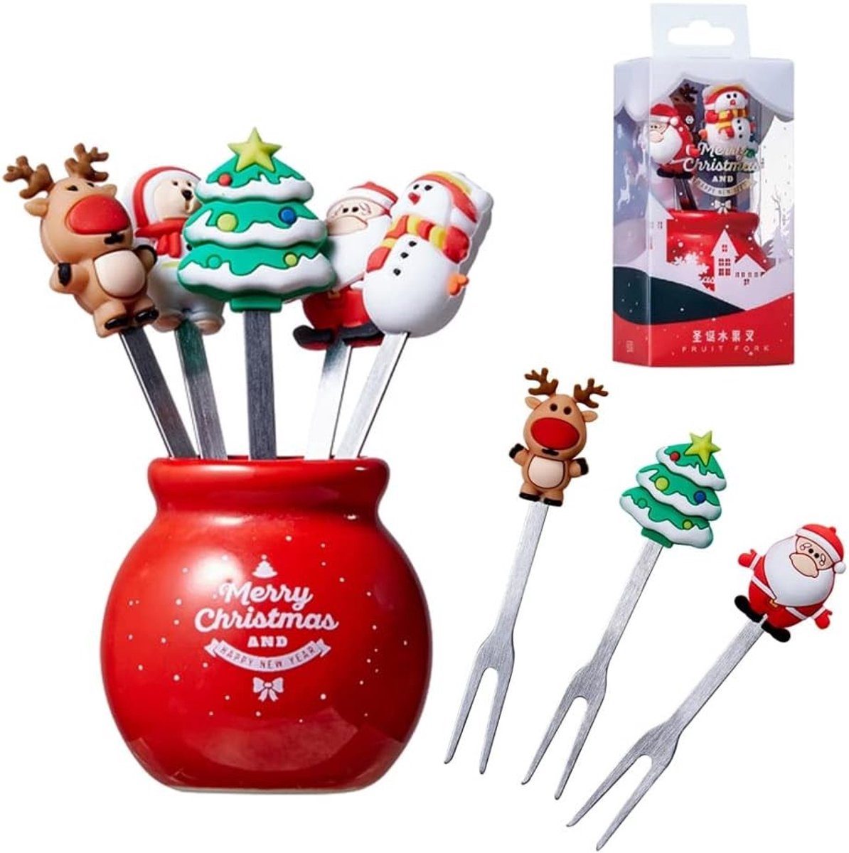 Kerstfruitvork met Roestvrijstalen en Siliconen Handvat, Perfect voor Desserts, IJs en Vlees tijdens de Feestdagen