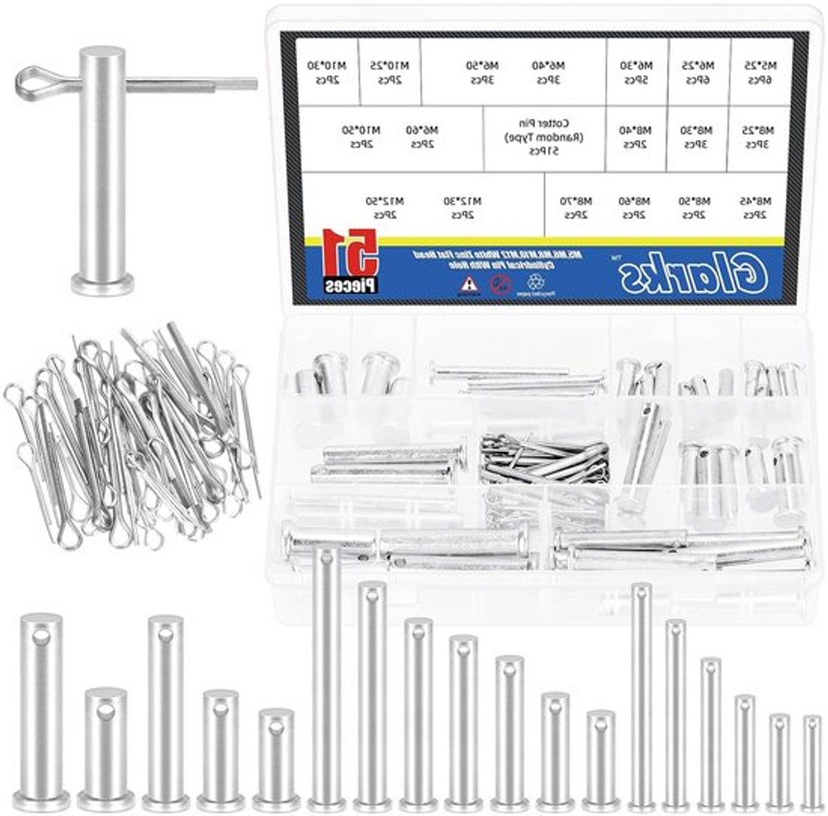 51-delige set platte kop pennen met gaten, inclusief M5, M6, M8, M10, M12, voor bevestiging en montage, T-vormige en ronde pennen assortiment