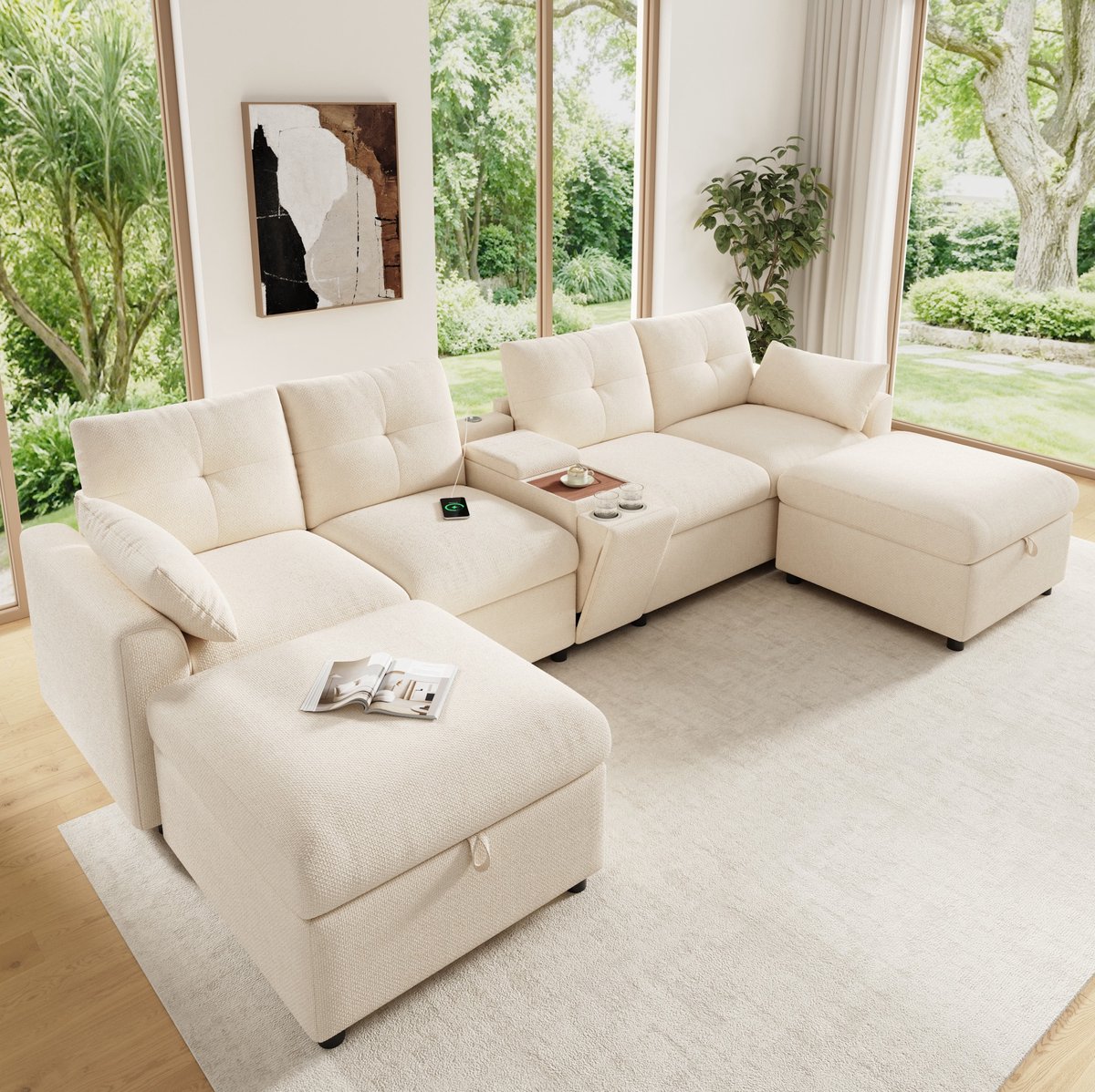 MIVRAY Hoekbank 316 X 140 X 84,5 Cm - Modulaire U-Vorm En L-Vorm - Met 2 Opberghockers En Middenconsole - Voor Woonkamer En Familie - Chenille Beige