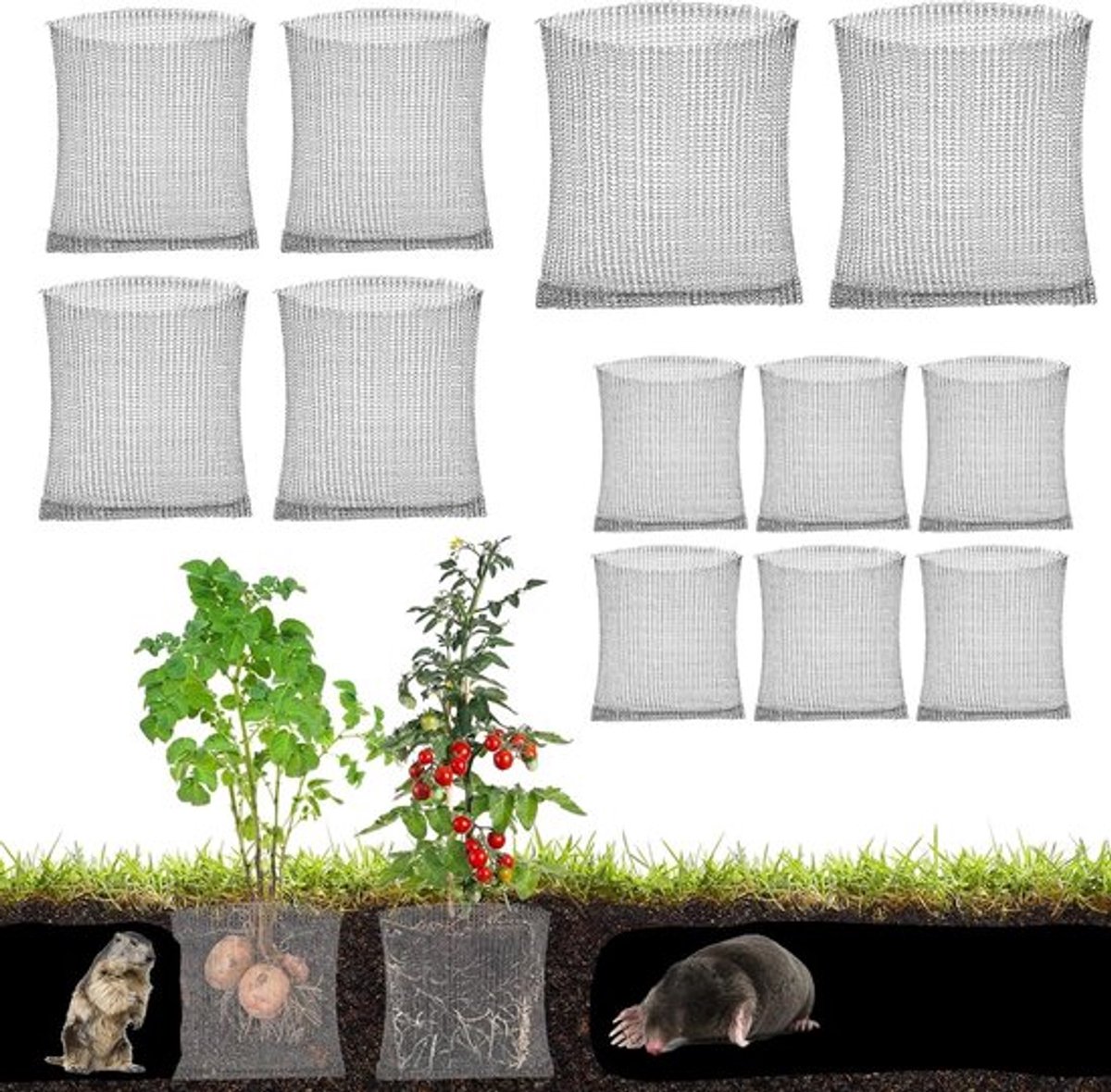 12 stuks roestvrijstalen wortelbeschermingsmanden voor planten, woelmuisbescherming, netzakken voor boomwortels, 3 maten beschikbaar