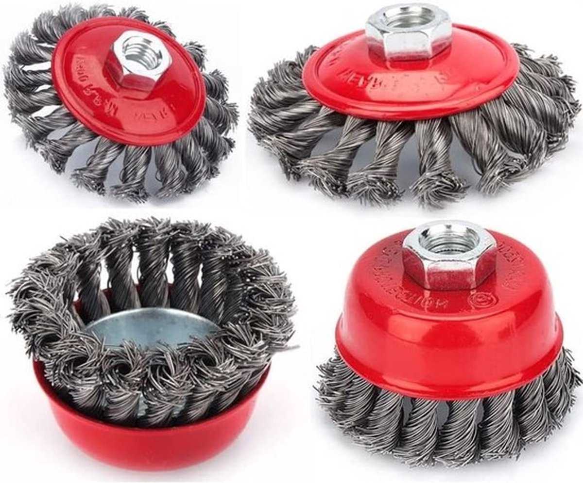 Set van 4 Stalen Borstels voor Haakse Slijpmachine, Gebogen Borstel en Knotted Borstel voor Schuren, Schilderen en Afwerken, Diameter 75mm en 100mm