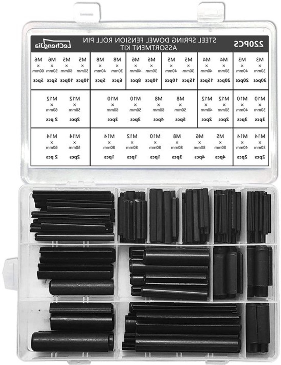 Assortiment van 220 stuks gleufpin roller pennen - stalen roller pennen, holle veerpennen, herbruikbare en verwijderbare pennen (34 verschillende modellen)