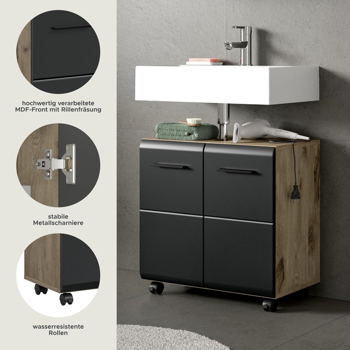 SnelShoppen - Wastafelonderkast op wielen Ice 60 x 58 x 30 cm in Nox Eiken & mat zwart – Mobiele badkamerkast met 2 deuren en sifonuitsparing, flexibe