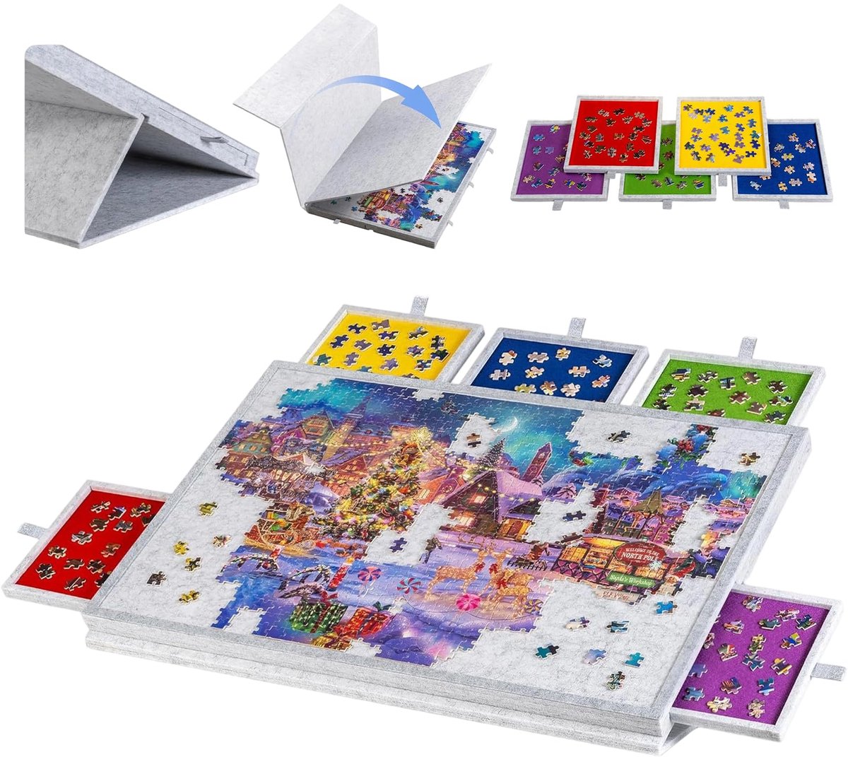 SnelShoppen - 2-in-1 Kantelbare Puzzeltafel van Vilt, Opvouwbare Puzzelplank met 5 Sorteerdozen, Antislip en Ergonomisch, Voor 1000-1500 Stukjes, Lich