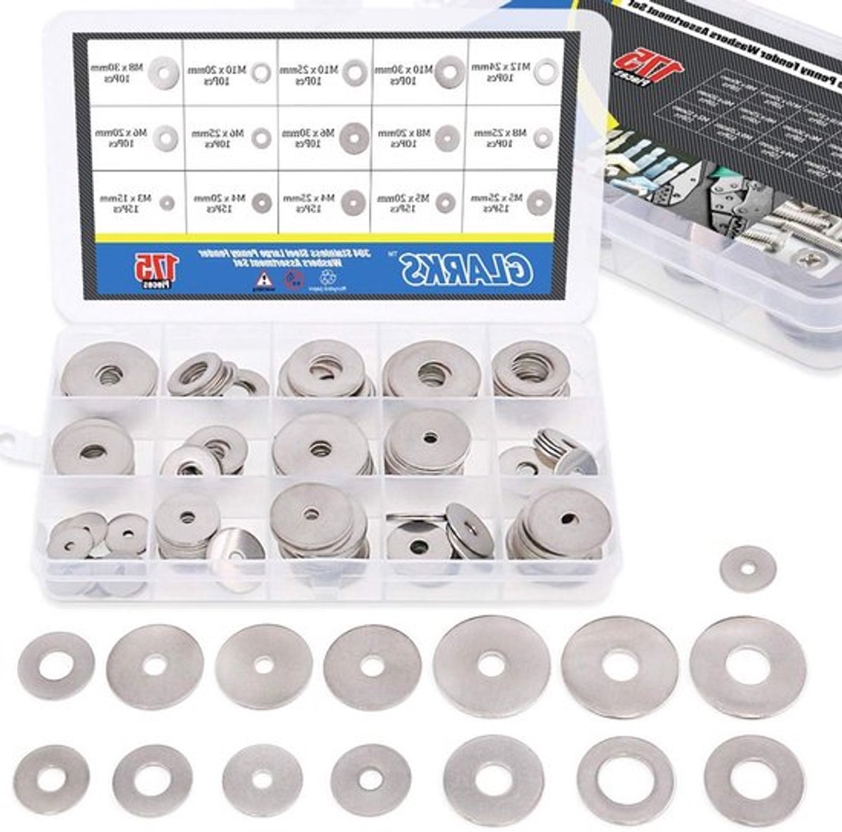 175 Stuks Roestvrijstalen Grote Penny Fender Washers Assortiment - M3, M4, M5, M6, M8, M10, M12 voor Bevestiging en Ondersteuning