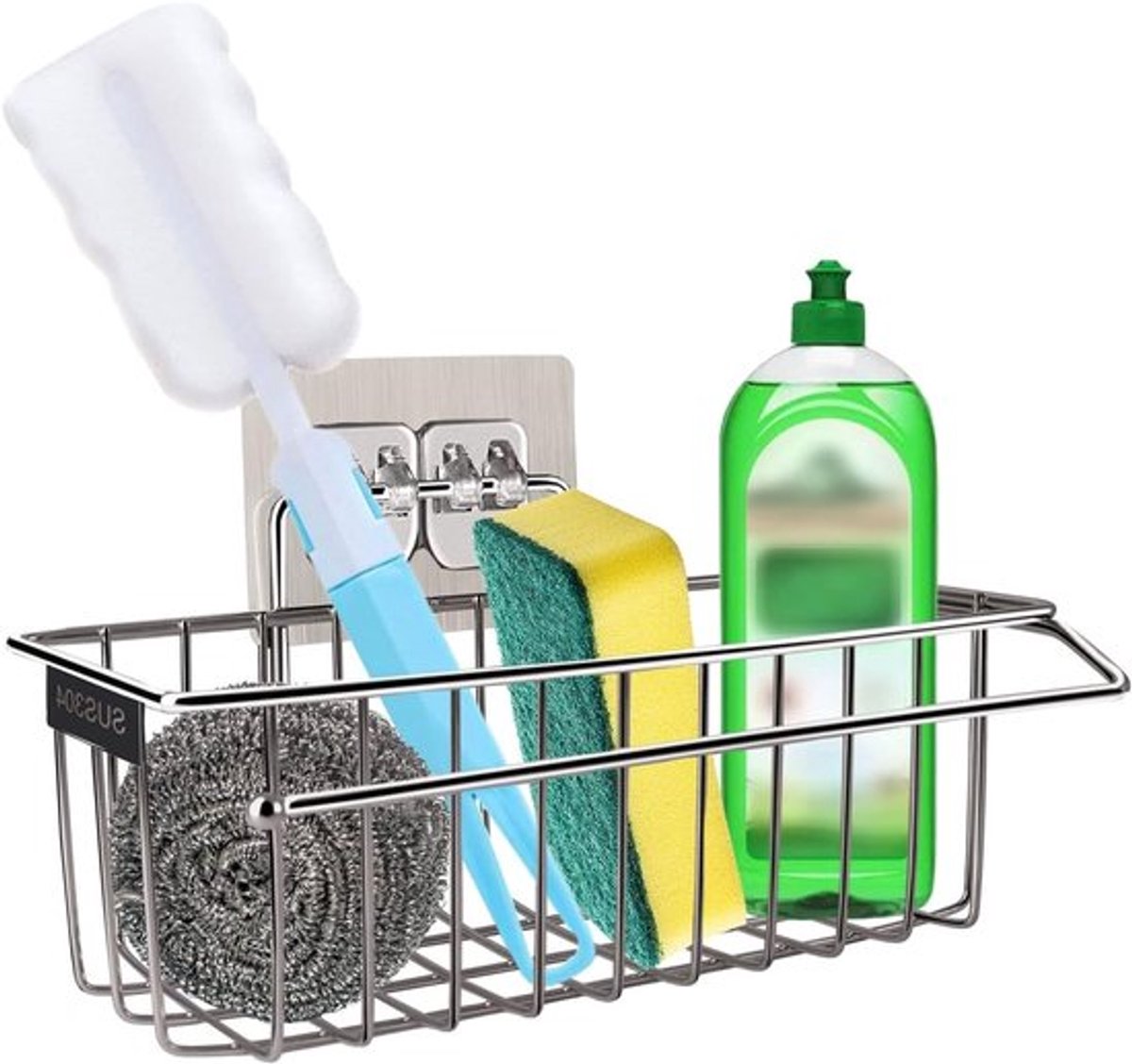 Praktische 2-in-1 Zelfklevende Keuken Organizer voor de Spoelbak, Roestvrijstalen Houder voor Spons en Keukenhanddoek, Ideaal voor Keukenaccessoires en Opbergruimte