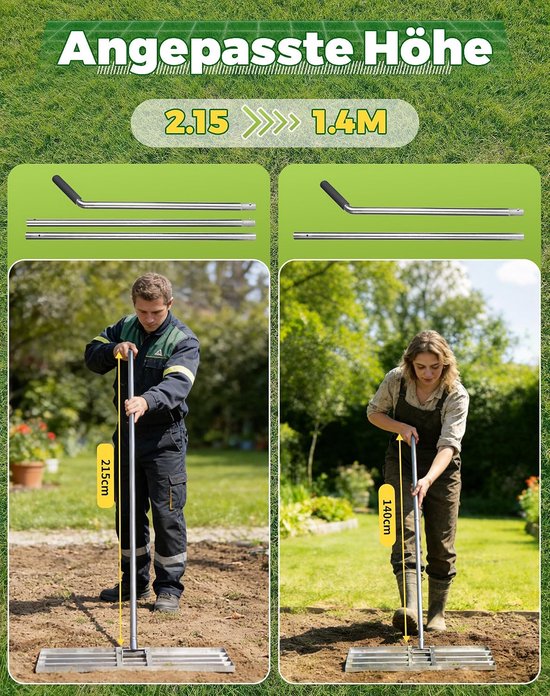 SnelShoppen - Gras Graderingshark 80x30cm met RVS Handvat 140-215cm - Tuin Rake voor Niveaueren en Zandelen van het Gazon — afbeelding 3