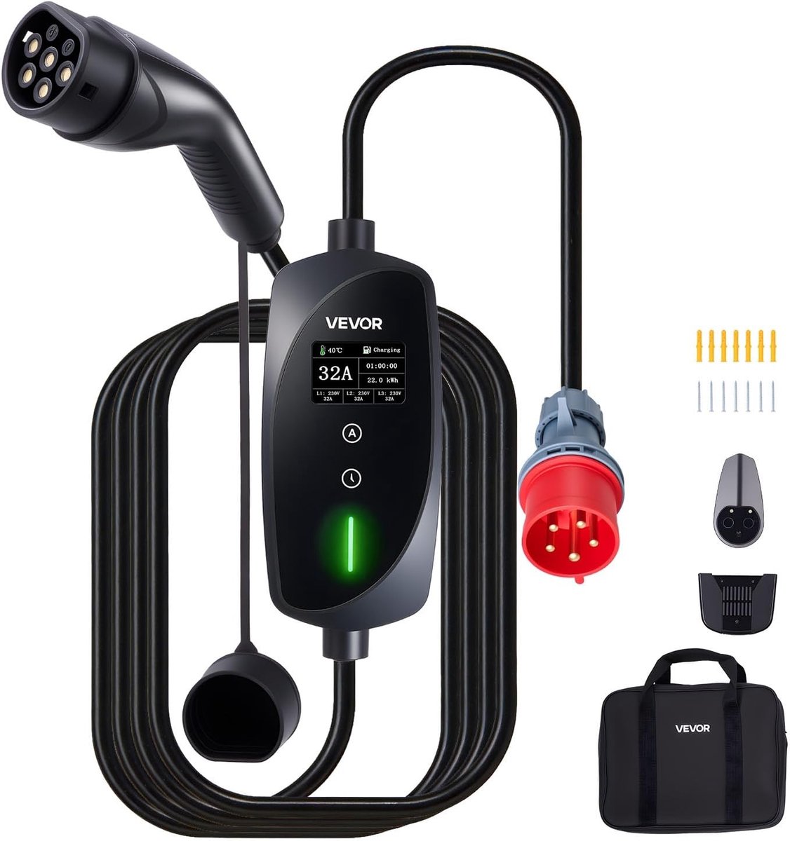 SnelShoppen - Portable Oplader 22kW voor Elektrische Auto's Type 2, Draagbare Laadpaal voor Elektrische Voertuigen 32A Driefase Laadsnoer 7m CEE32 LCD