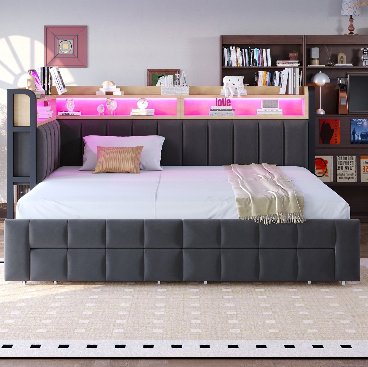 MIVRAY Slaapbank 90x200 cm Zonder Matras - Uitklapbaar Bed Met Opbergruimte En Laden - Met Led Verlichting Voor Woonkamer En Logeerkamer - Velours - Donkergrijs