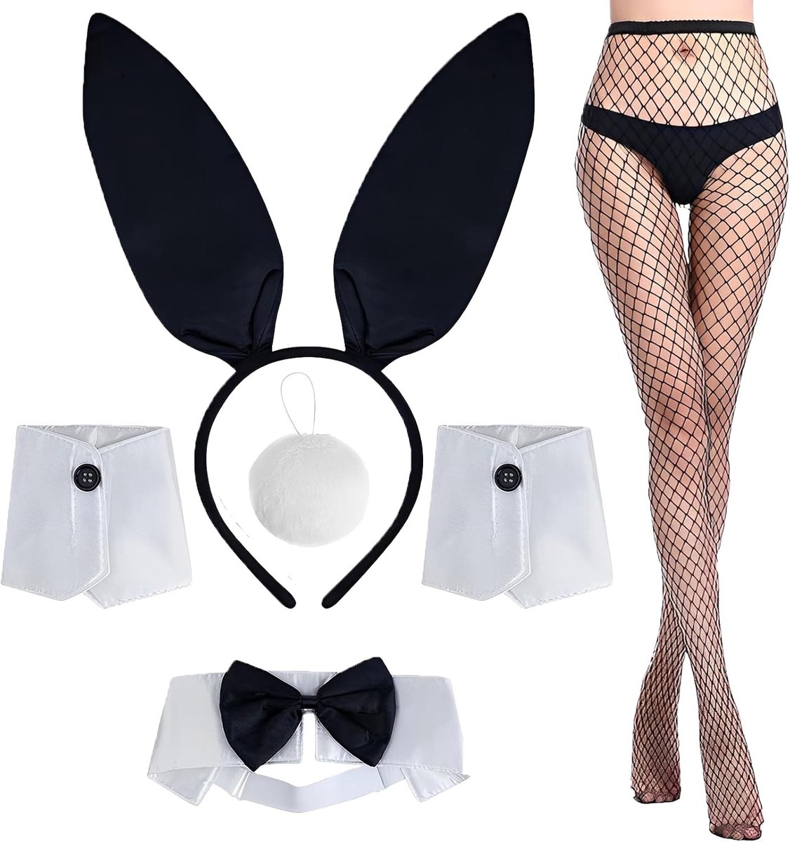 Bunny Kostuumset voor Dames - Wit - Maat 1 - Met Hoofdband, Kraag, Manchetten en Staart - Voor Feestjes en Carnaval