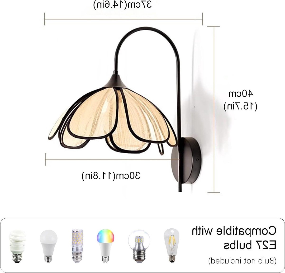 Linnen Boho Wandlamp - Nachtlamp Art Deco - Sfeerverlichting Woonkamer - Bloembladvormige Kap - 30 cm Diameter - Zwart