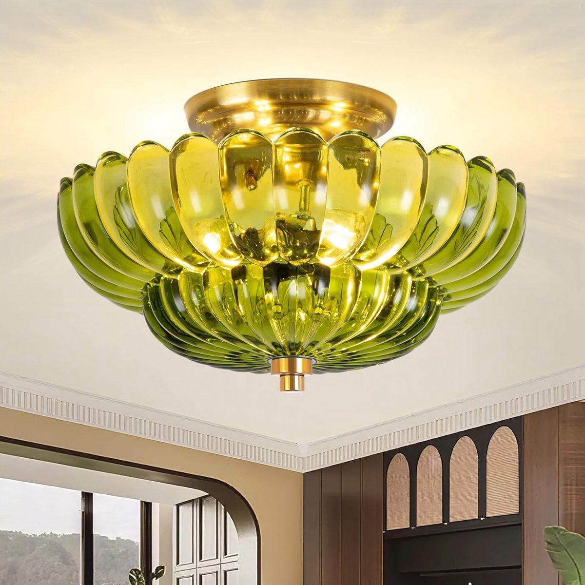 Plafondlamp - Groen - 30 cm - Vintage Glazen Lampenkap - Voor Slaapkamer, Hal, Keuken en Woonkamer