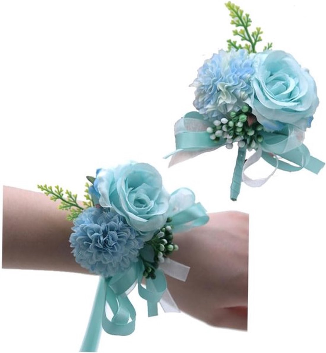 Set van 2 Corsage en Bloemenarmband voor Bruid en Bruidsmeisje - Bruiloft, Prom en Balaccessoires in Blauw