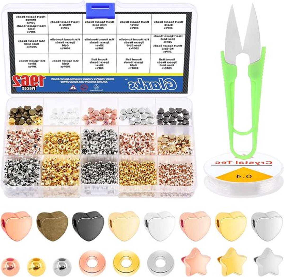 Assortiment van 1962 Stuks Spacer Kralen Set met Hart, Ster, Bal en Platte Kralen voor DIY Armbanden en Sieraden Maken met Schaar en Elastisch Touw
