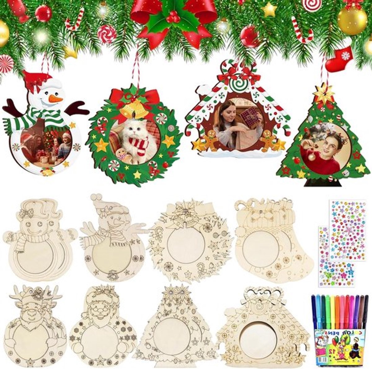 Houten Kerstboomdecoraties met Foto-lijsten - 16 Stuks, Pendants voor Schilderen en Versiering van de Kerstboom en Raamdecoratie