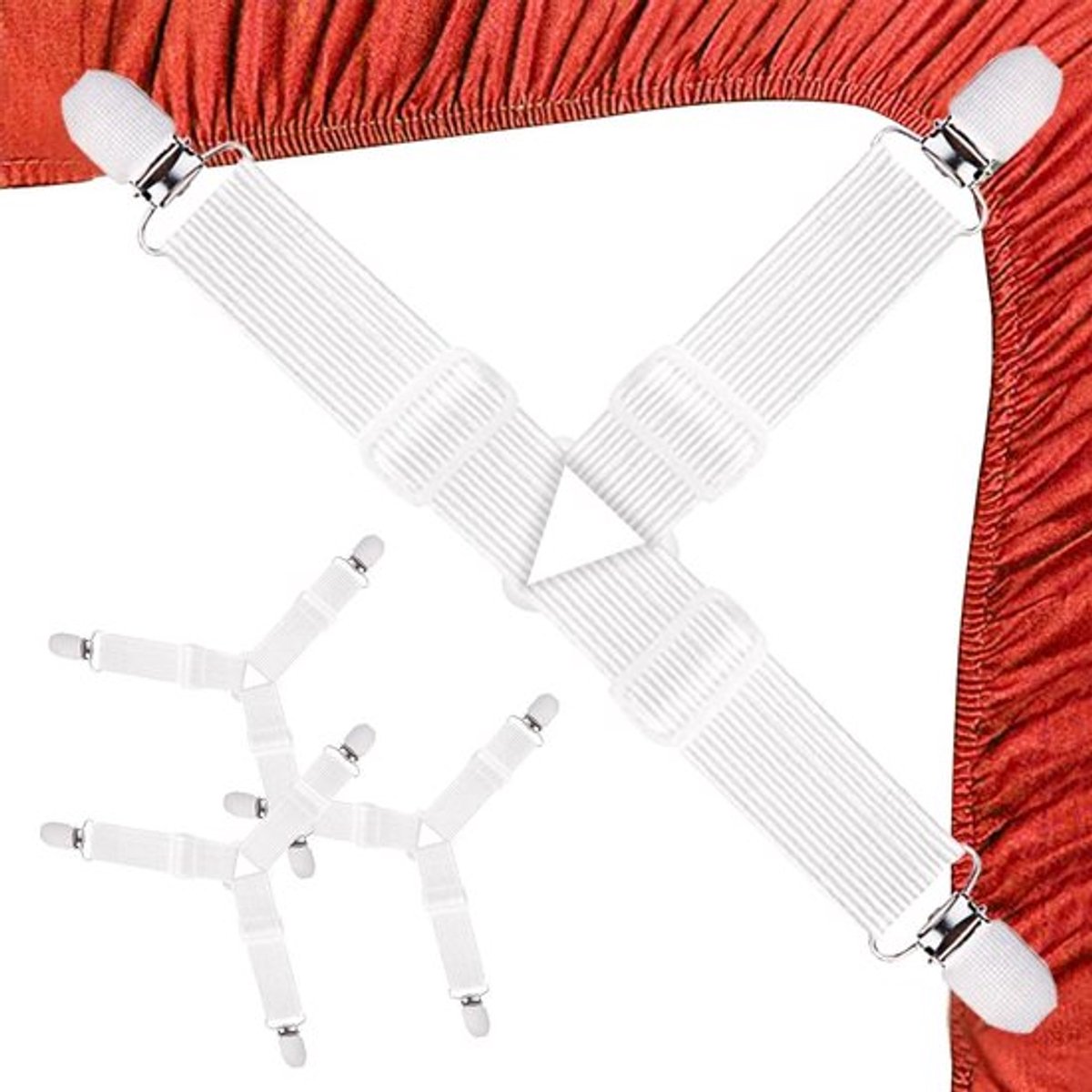 4-delige Verstelbare Bedbevestigingen, Driehoekige Spanninghouders voor Bedlakens met Metalen Klemmen, Elastische Tensioners voor Bedlakens en Dekbedden, Ideaal voor Matras en Sofa