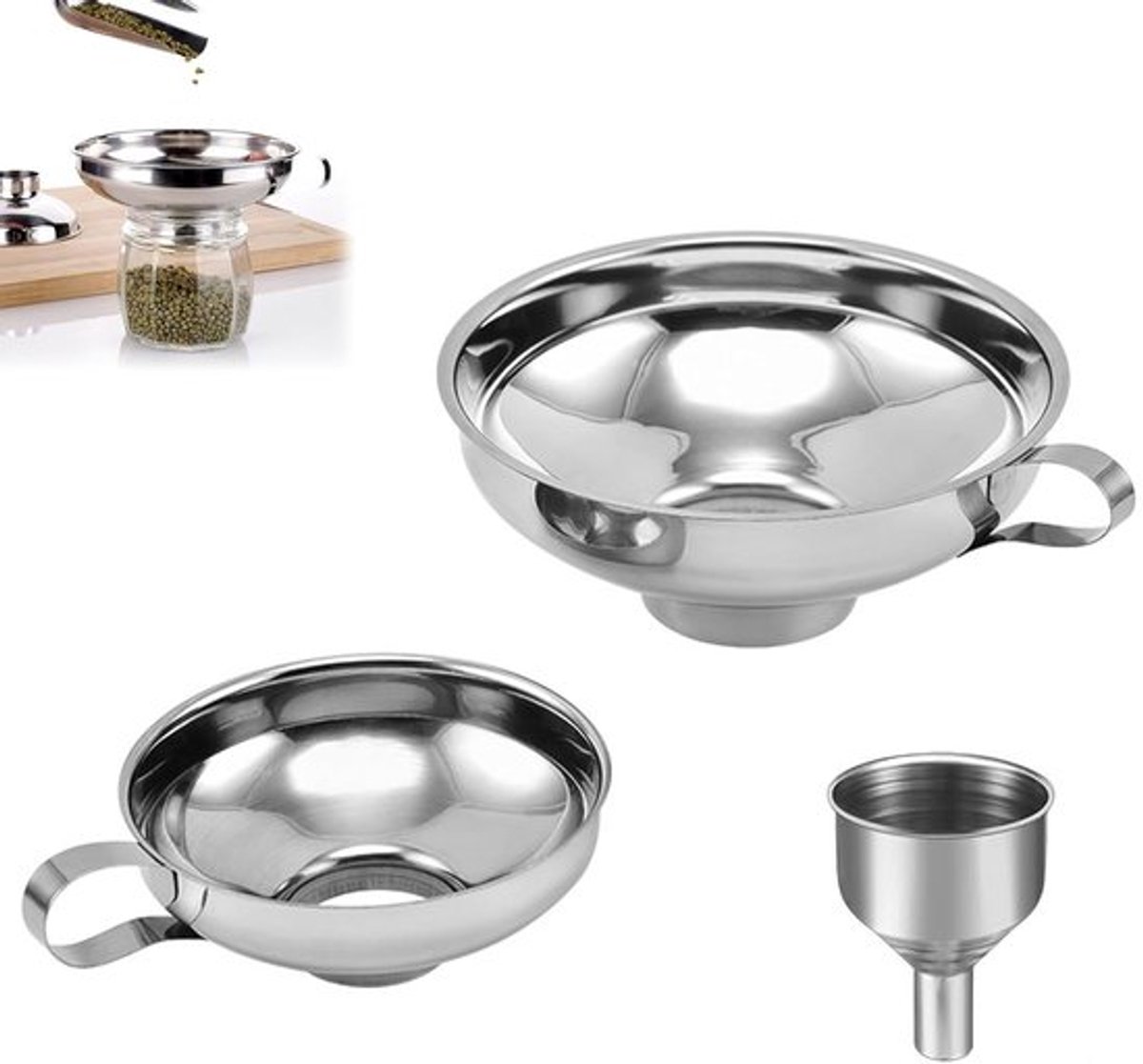 Set van 3 hoppers met handvat, roestvrijstalen keuken trechter voor jam, bonen, vloeistoffen en poeders