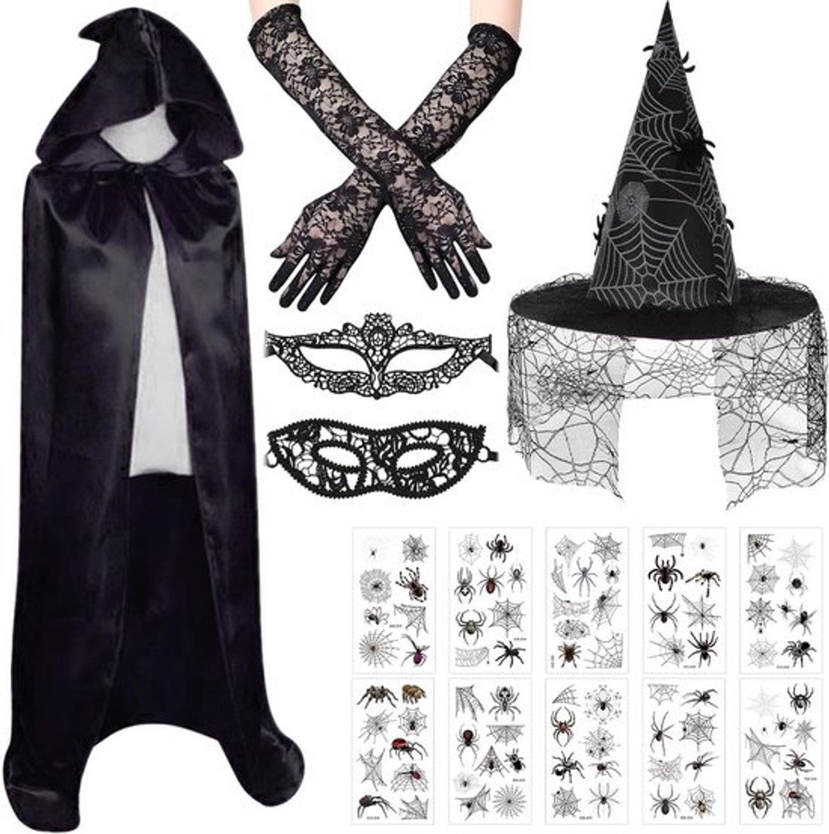 Vrouwelijk Halloween kostuum met cape en capuchon, inclusief hoed en kant handschoenen voor een magische uitstraling