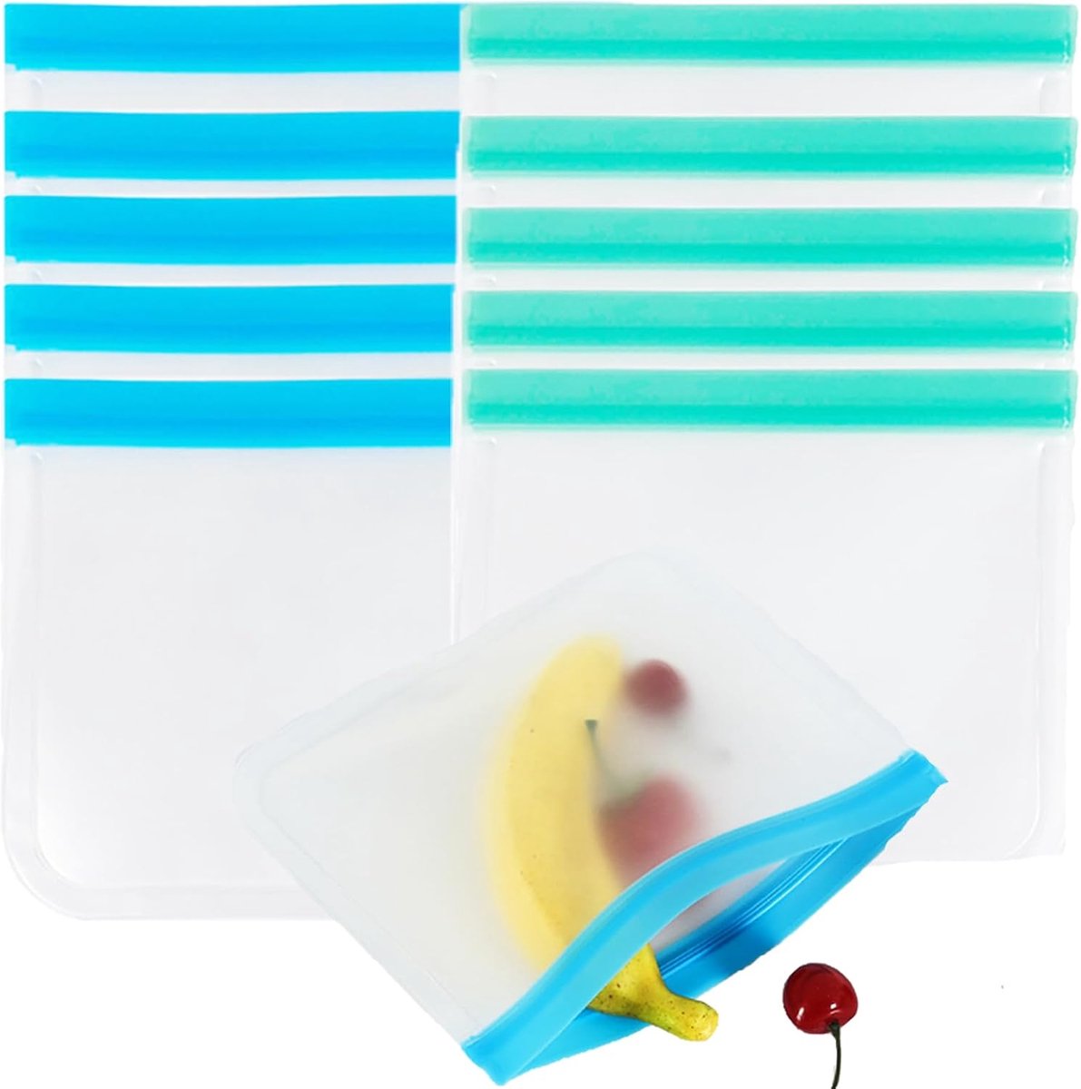 SnelShoppen - 10 Stuks Herbruikbare Voedselopslagzakken, Silicone Zakjes, Vrieszakken voor het Opslaan van Fruit, Groenten, Vlees en Meer (Groen, Blau
