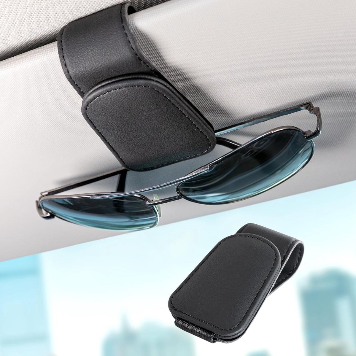 SnelShoppen - Universele Zonnebrilhouder Auto van Leer - Brilhouder Clip met Plastic Kaartenhouder voor Zonnebrillen, Tickets en Pasjes - Zwart