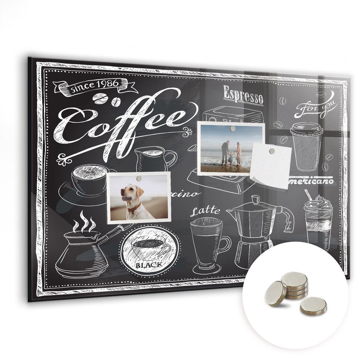 Coloray Glazen Magneetbord - Magnetisch Bord Koffiemachines - 60x40 cm - Zwart-wit Magneetbord - Magnetic Board - Keuken Decoratie