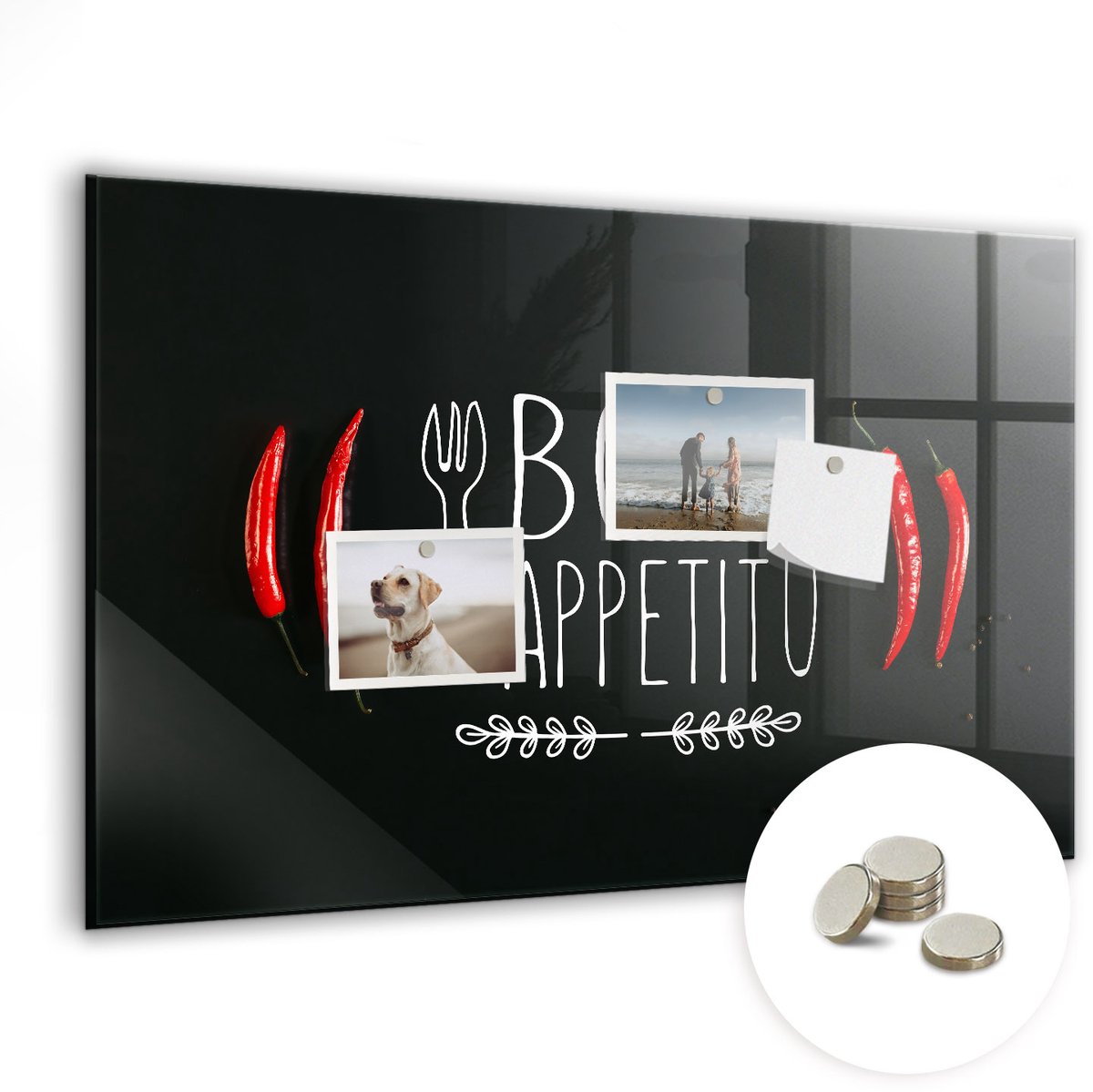 Coloray Glazen Magneetbord - Magnetisch Bord Eet smakelijk inscriptie - 60x40 cm - Veelkleurig Magneetbord - Magnetic Board - Wanddecoratie