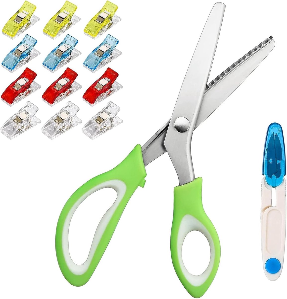 SnelShoppen - Professionele Knurling Scharen Set, RVS, Met 12 Stuks Stof Clips, Sterke Zig Zag Stoffenschaar en Draadknipper voor Creatieve Projecten