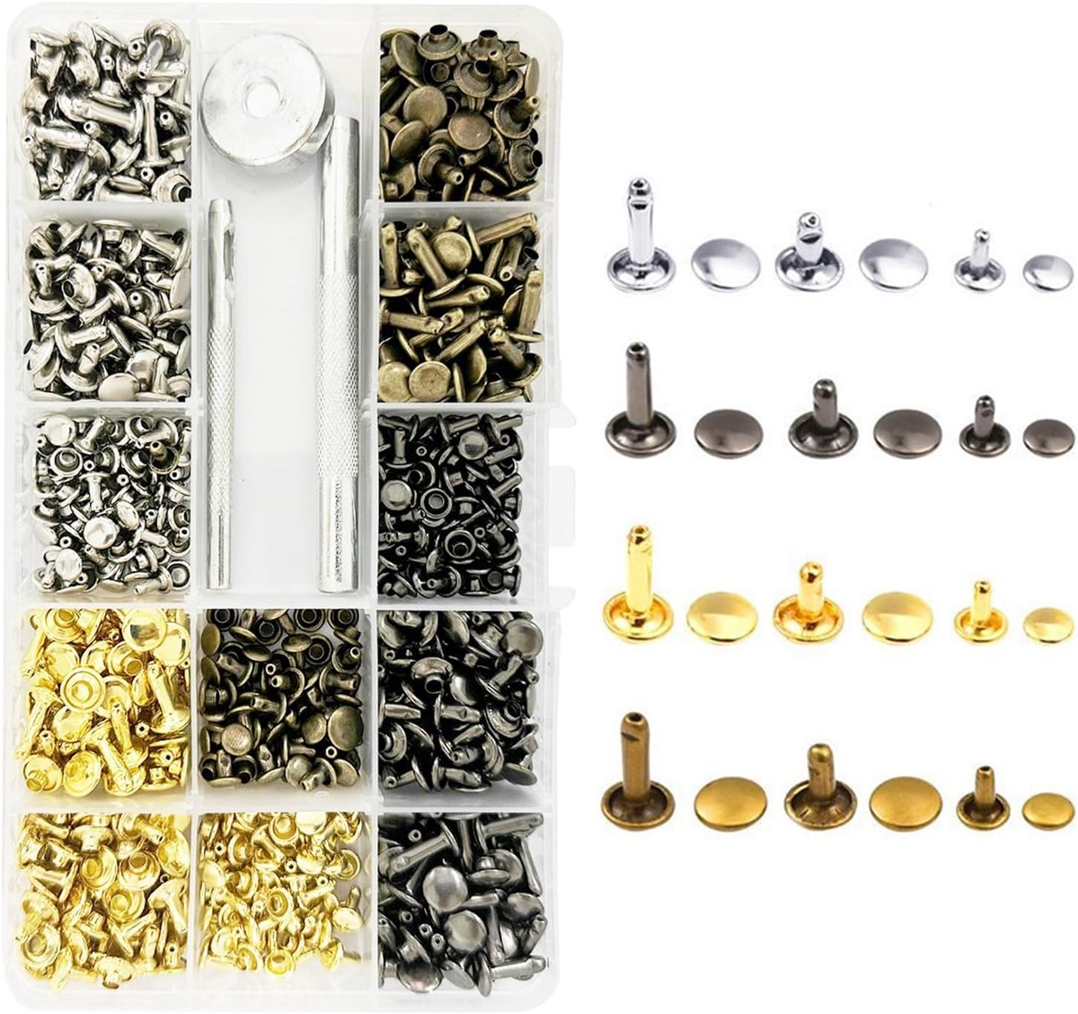 360-piece rivet set with 3 fixing tools, double cap rivets, leather rivets, metal rivets for DIY leather crafts and belt repair decoration etc.