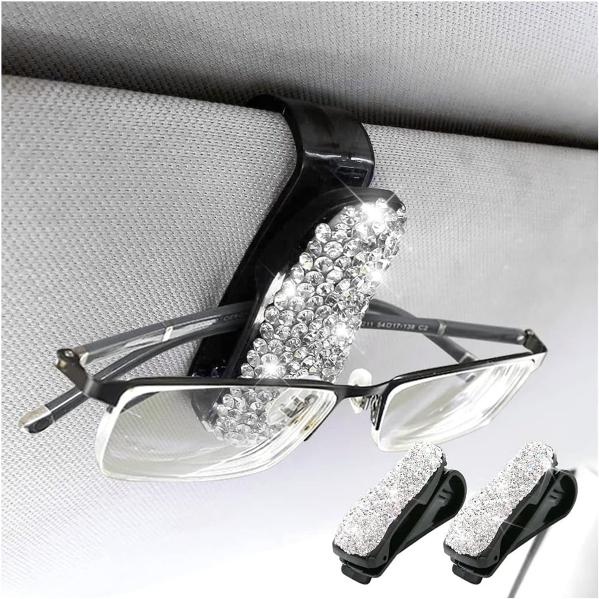 SnelShoppen - 2 Stuks Auto Zonnebril Houder met Strass Steentjes - Elegante Zonnebril Houder voor Auto Visor - Handgemaakt - Wit - Ideaal Cadeau voor