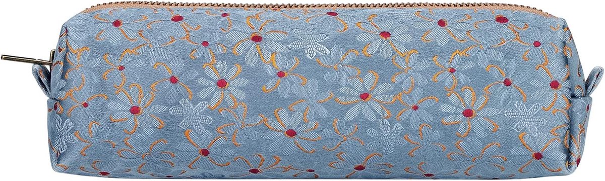 SnelShoppen - Pennenetui Schooltas Meisjes Opbergtas Draagbaar Kantoor Ritssluiting Stationery Organizer Dames Cosmetica Etui Bloemen Borduursel Blauw