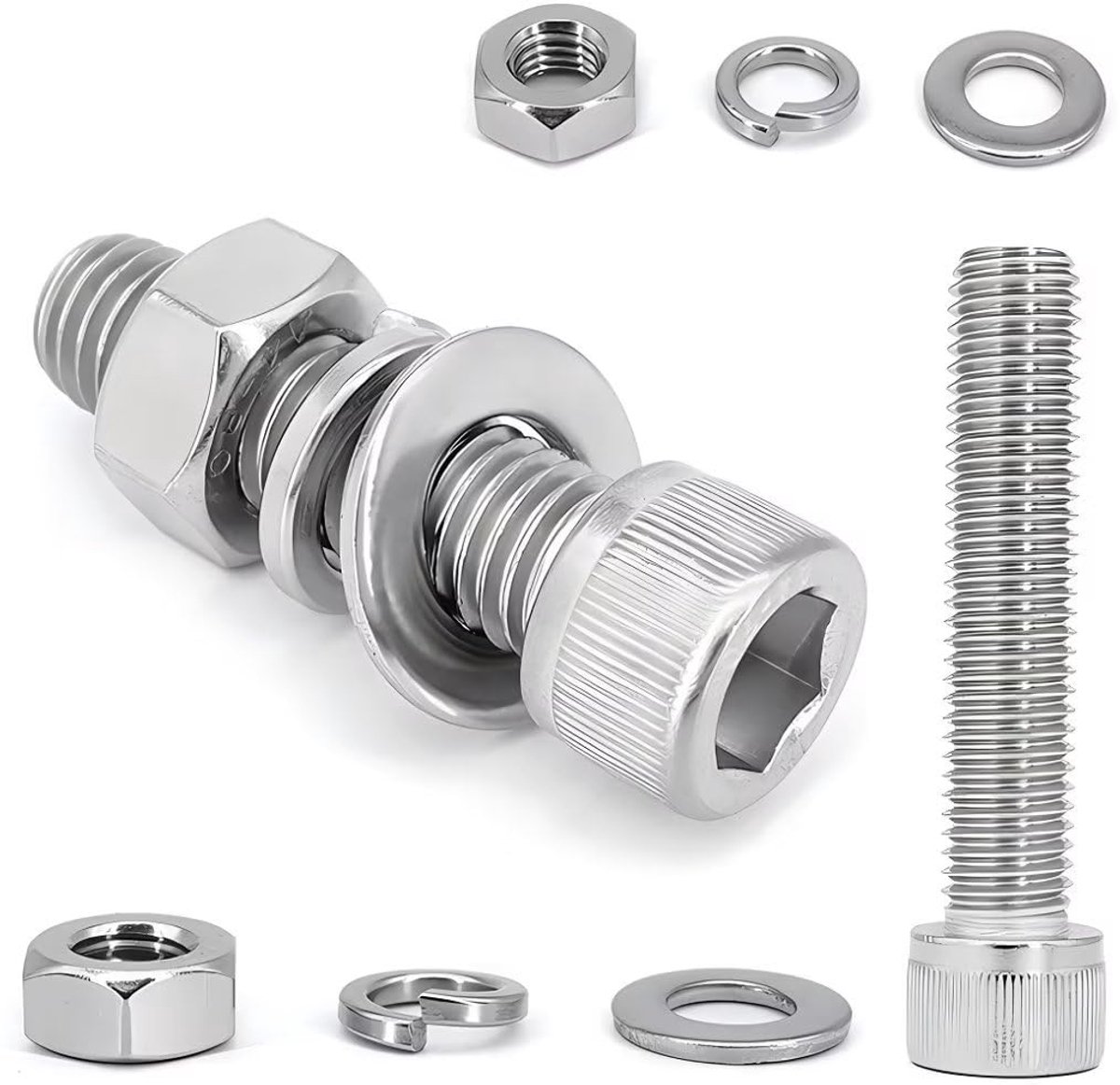 SnelShoppen - Rvs Schroeven Set M5x140mm Cilinderschroeven met Inbus, Moeren en Ringen, Assortiment Kit (4 Stuks) voor Onderhoud en Klussen