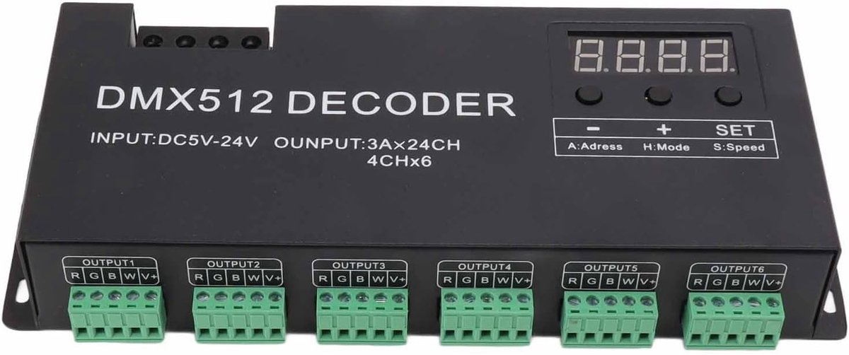 SnelShoppen - 24 Kanaal DMX Decoder RGBW DMX512 Dimdriver LED Controller voor Feestverlichting, DC5V-24V, PWM Sturing voor LED