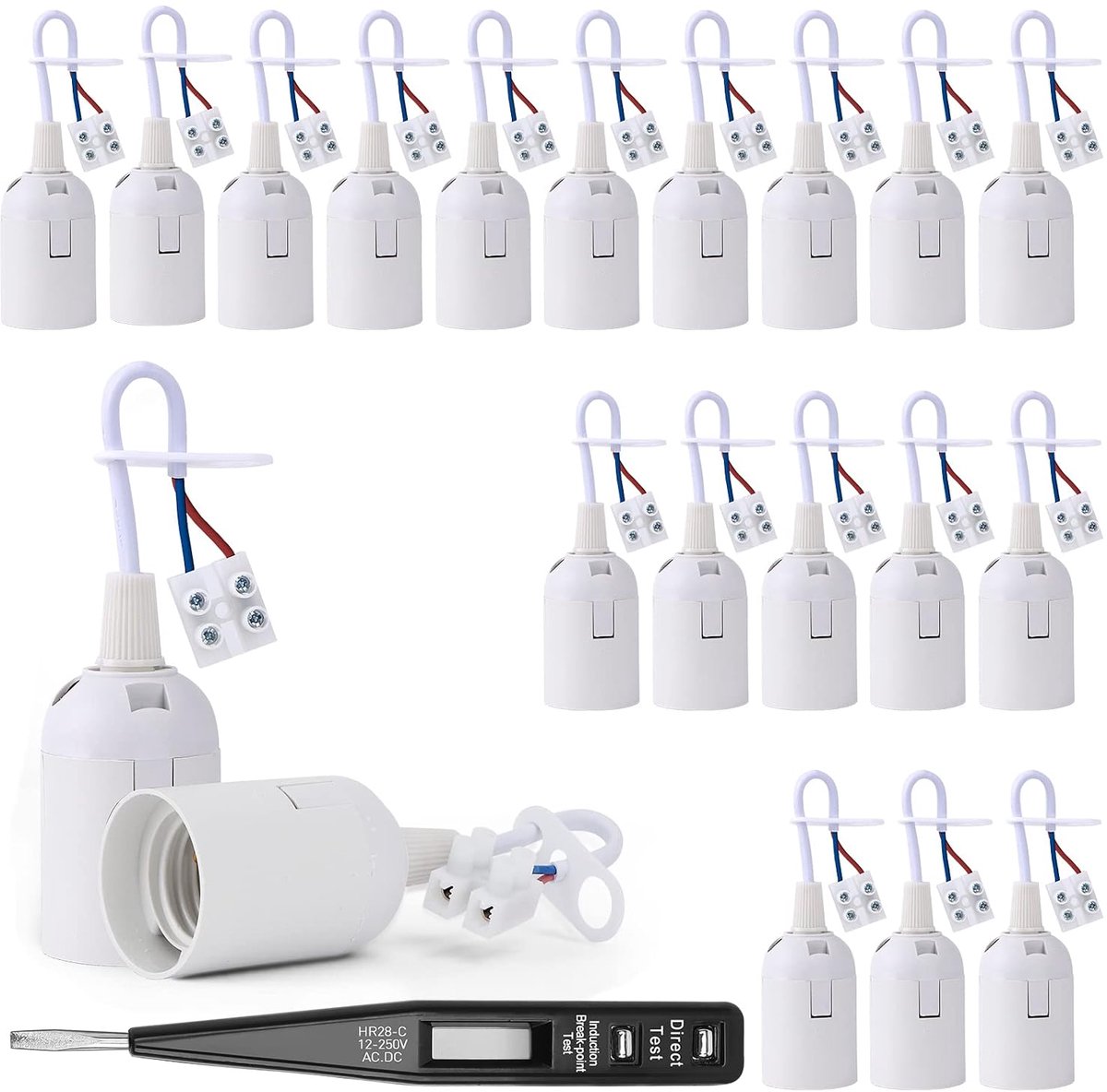 SnelShoppen - 20 Stuks E27 Fitting met VDE Spanningsmeter, E27 Vervangingsfitting Renovatie Fitting met Kabel, Lampfitting met Kabel (Wit)
