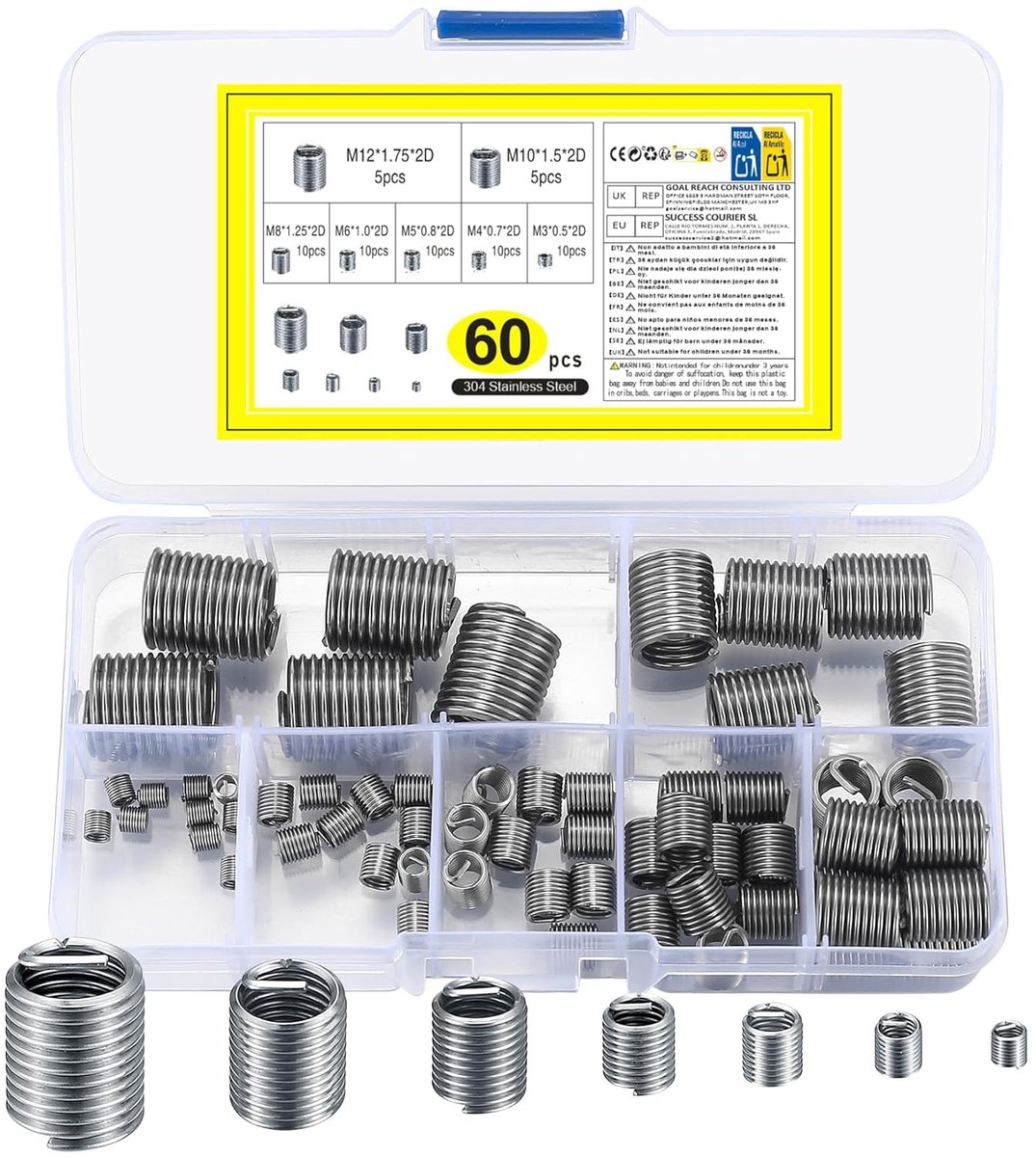 SnelShoppen - 60 Stuks Zelftappende Draad Inserts, Helicoil Draad Reparatie Inserts, Draadset voor M3 M4 M5 M6 M8 M10 M12 voor Metaal en Kunststof
