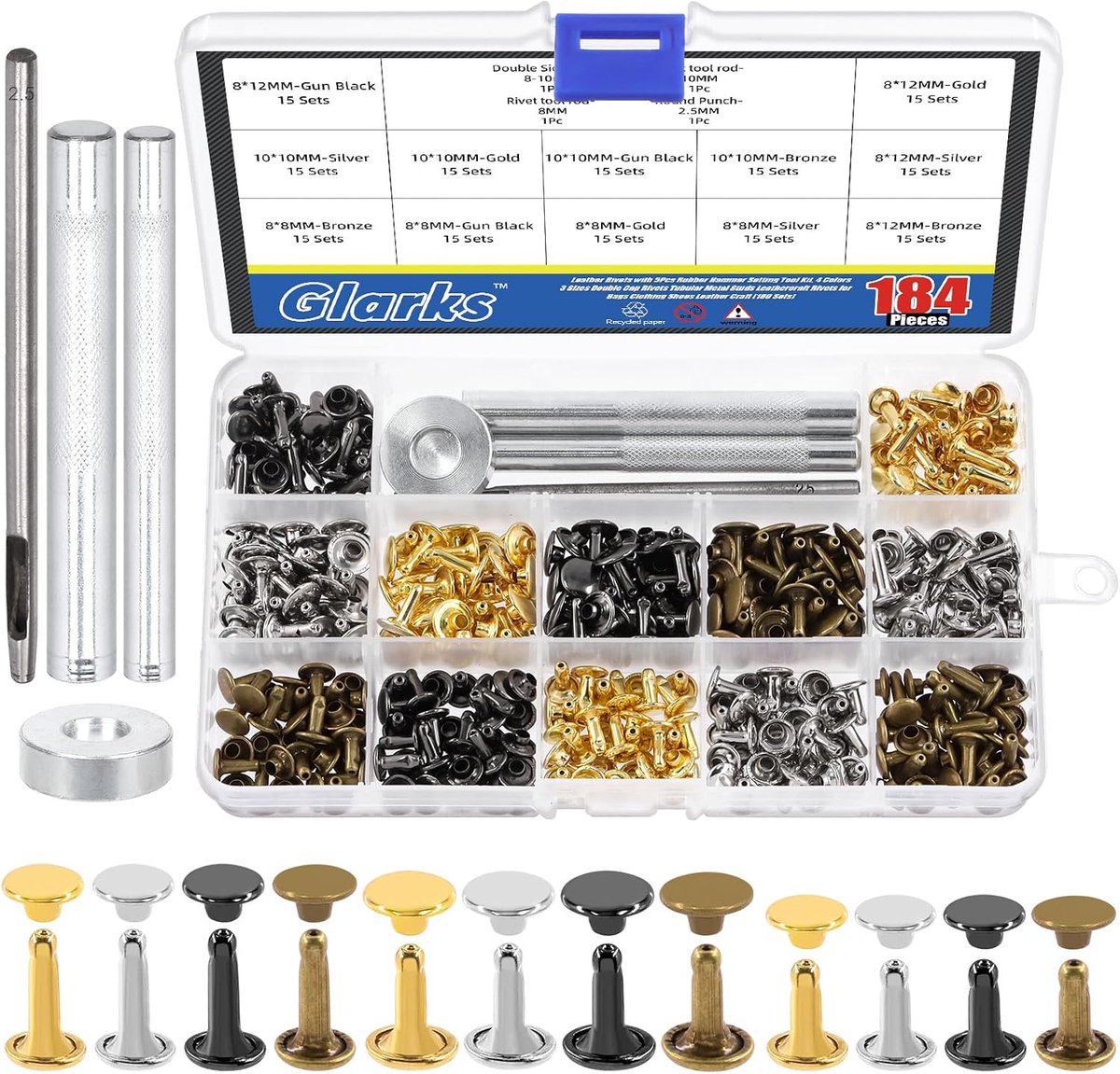 SnelShoppen - 180 Sets Leren Nieten met 4 Stuks Instelgereedschap, 4 Kleuren, 3 Maten Dubbele Kap Nieten voor Leren Craft, Tassen, Kleding, Schoenen