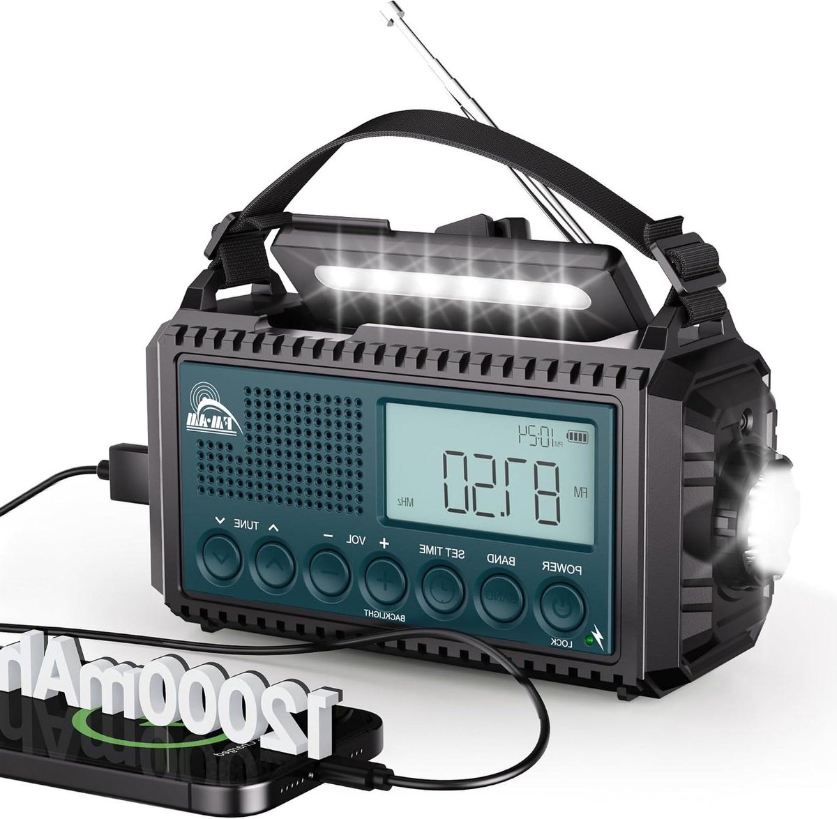 Noodradio Crank - Draagbare Radio - Outdoor Activiteiten - 12000 mAh Batterij - IPX4 Waterdicht - Blauwgroen