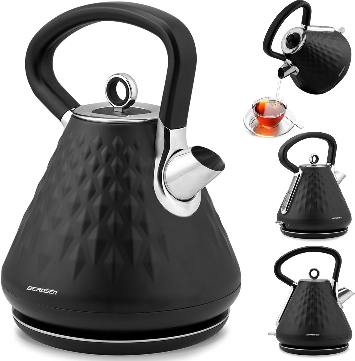 SnelShoppen - Retro Vintage Waterkoker 1,7 l - Zwarte Waterketel met Antikalkfilter en Droogloopbeveiliging - 360° Basis voor Keuken en Thuisgebruik