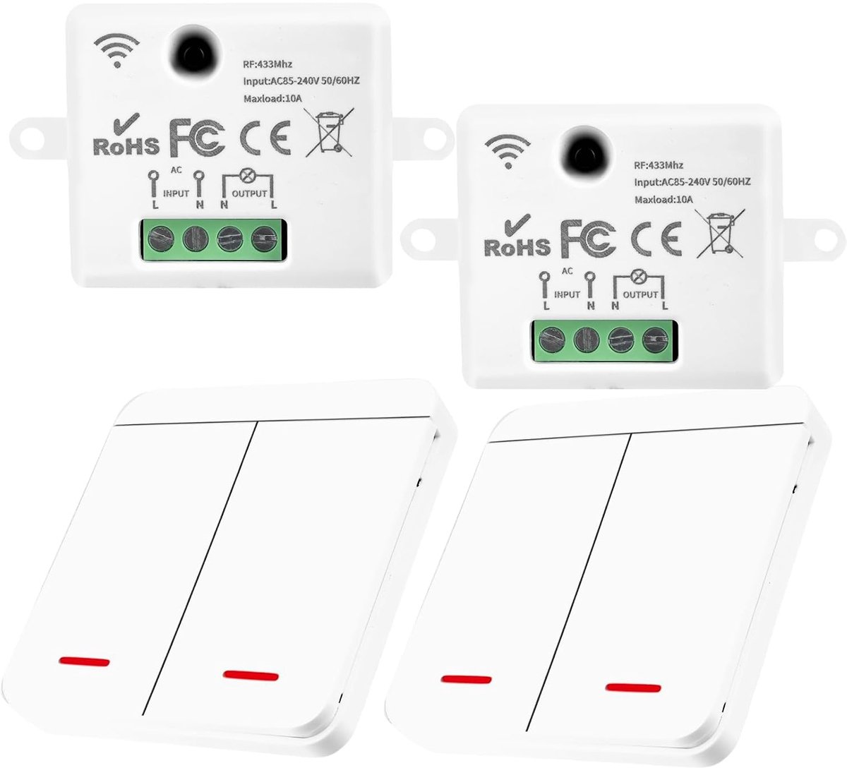 SnelShoppen - Draadloze schakelaars 433MHz, RF schakelaar en ontvanger, 2 schakelaars en 2 ontvangers, betrouwbare draadloze verlichting voor thuisgeb