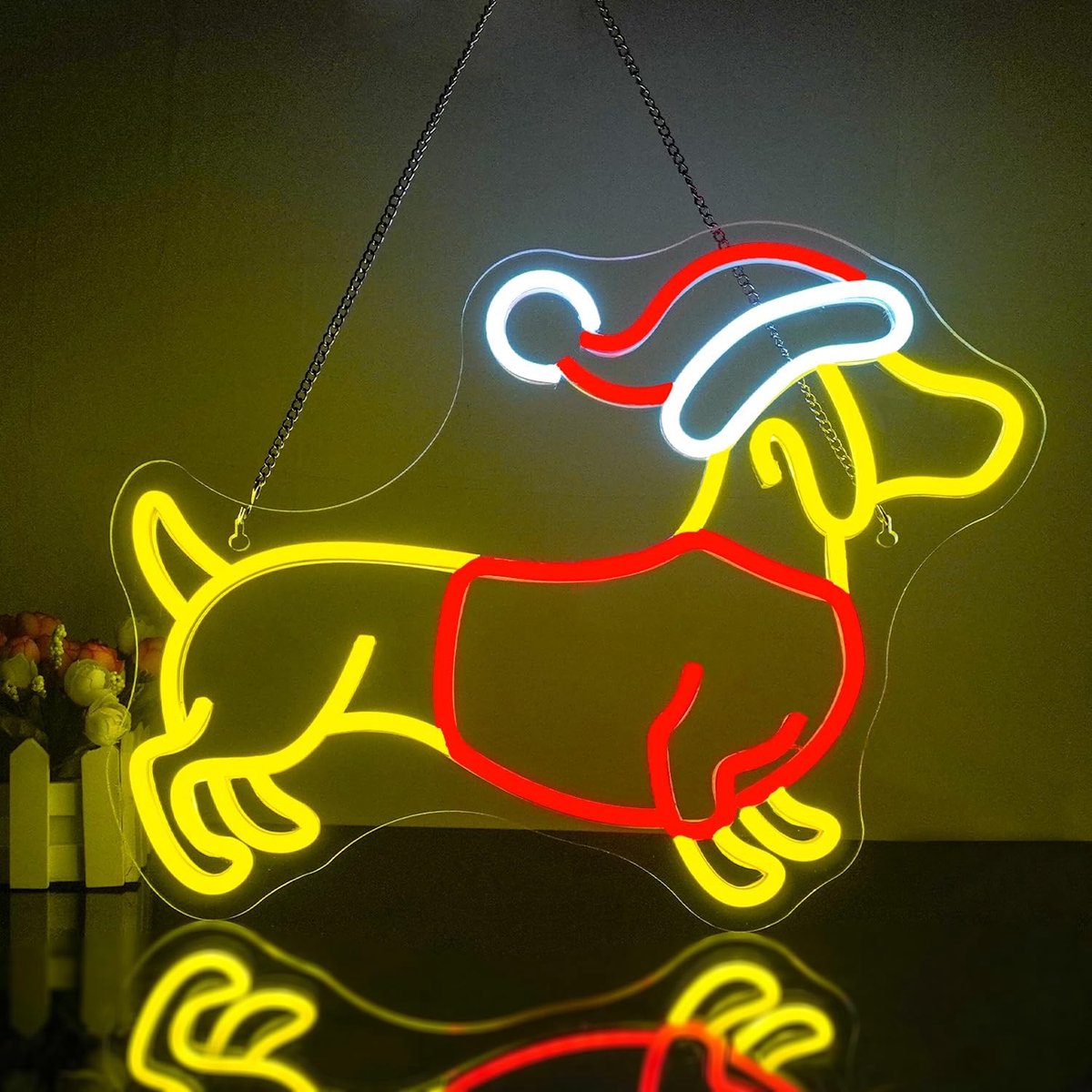 Looklight Neon Sign, Christmas Dachshund Neon Signs, Cute Dachshund with Santa Hat, LED Light Sign, Dimmable Dog Light - ShopVlot