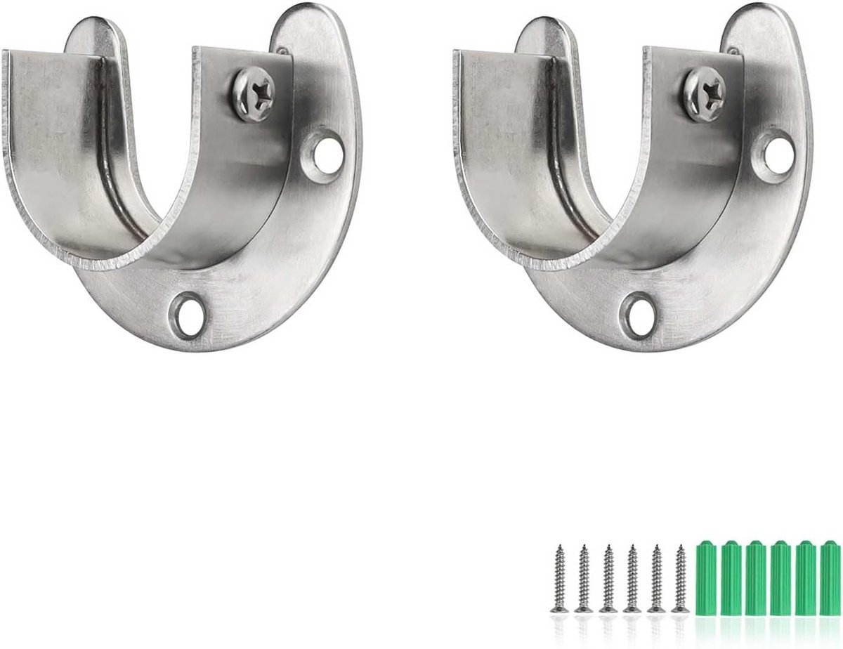 SnelShoppen - 2 Stuks Zwarte Ronde Buishouders, 32mm Gordijnroodhouders, RVS Kledingrail, U-Vorm met 3 Gaten, 80 kg Draagcapaciteit voor Gordijnen en