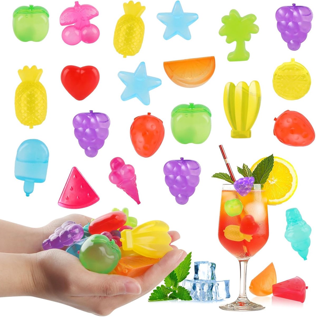 SnelShoppen - Herbruikbare IJsblokjes 30 Stuks Fruitvormige en Vierkante IJsblokjes voor Feestdranken, Decoratieve Dranken en Gezichtsverzorging