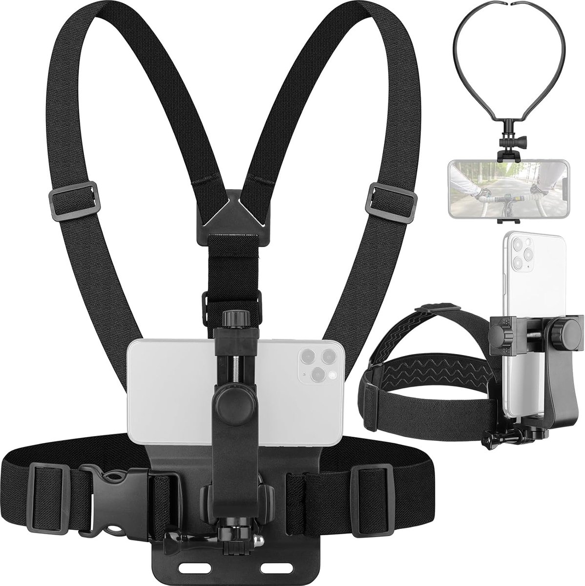 SnelShoppen - Action Camera Telefoon Borstband Bevestigingsset voor Smartphone en GoPro Max Hero 10 9 8 7 6 5 - Inclusief Hoofdband en Nekhouder - Ant
