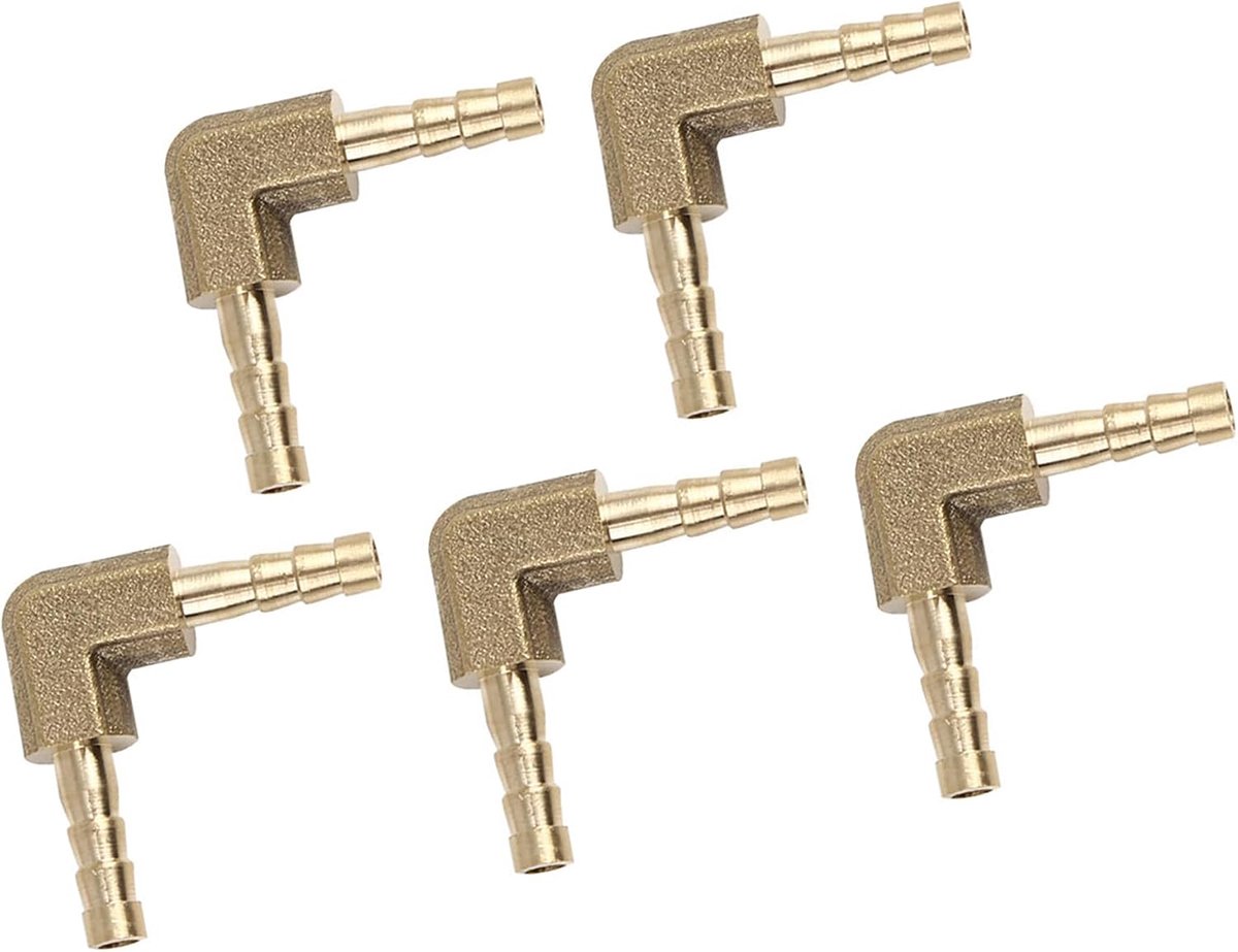 SnelShoppen - 5x Messing Slangverbinder 4mm, 90 Graden Hoek met Draad, Voor Auto, Lucht, Water, Gas, Olie, Ideaal voor Tuin, Klussen, en Meer