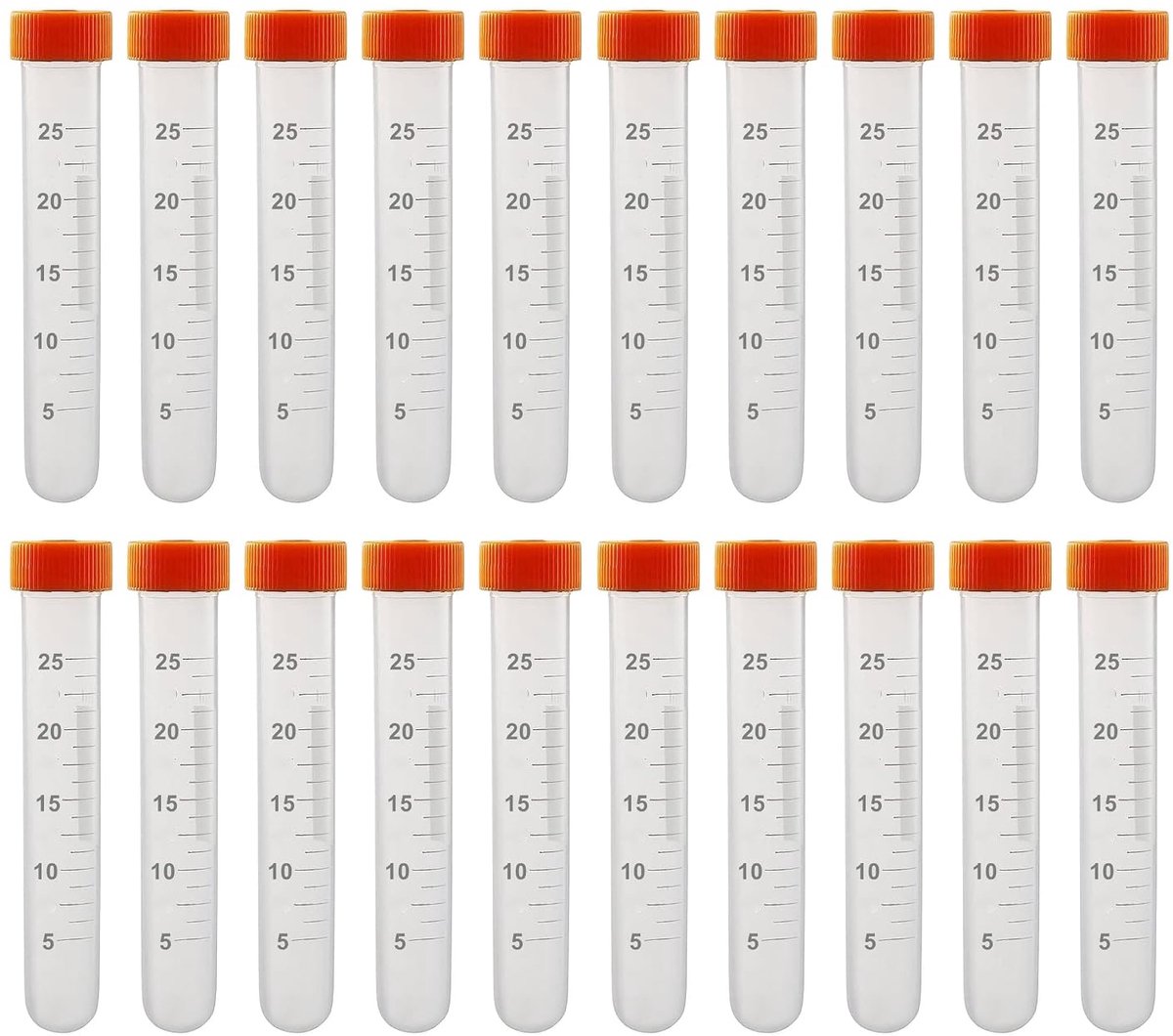 SnelShoppen - Pack van 20 Plastic Testbuizen voor Centrifuge, Stepped Testbuizen met Schroefdoppen voor Laboratorium Experimenten (Oranje), Ronde Bode