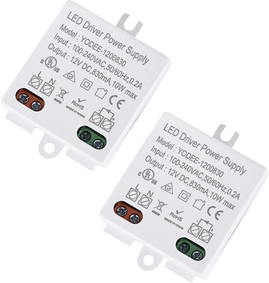 SnelShoppen - 2 stuks Mini LED Transformator 12V/DC 10W, Compacte Stroomadapter 100-240V naar DC, Constant Voltage Voeding voor LED Lampen en Strips,