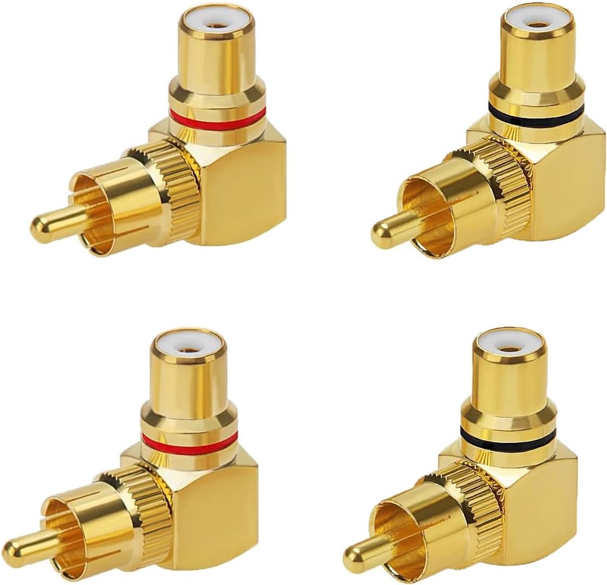 SnelShoppen - 4 Stuks Rechte Hoek Cinch Plug naar Bus Adapter, 90 Graden RCA Adapter, Goud Geplated, Duurzaam en Kwalitatief, Perfect voor Subwoofer e