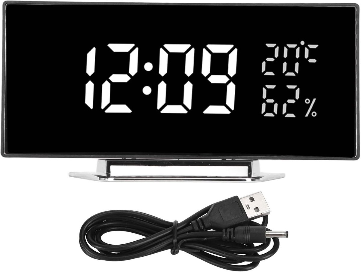 SnelShoppen - Digitale Alarm Klok met Curved LED Spiegel Achtergrondverlichting, 3 Niveaus Helderheid, Temperatuur en Vochtigheid Weergave voor Slaapk