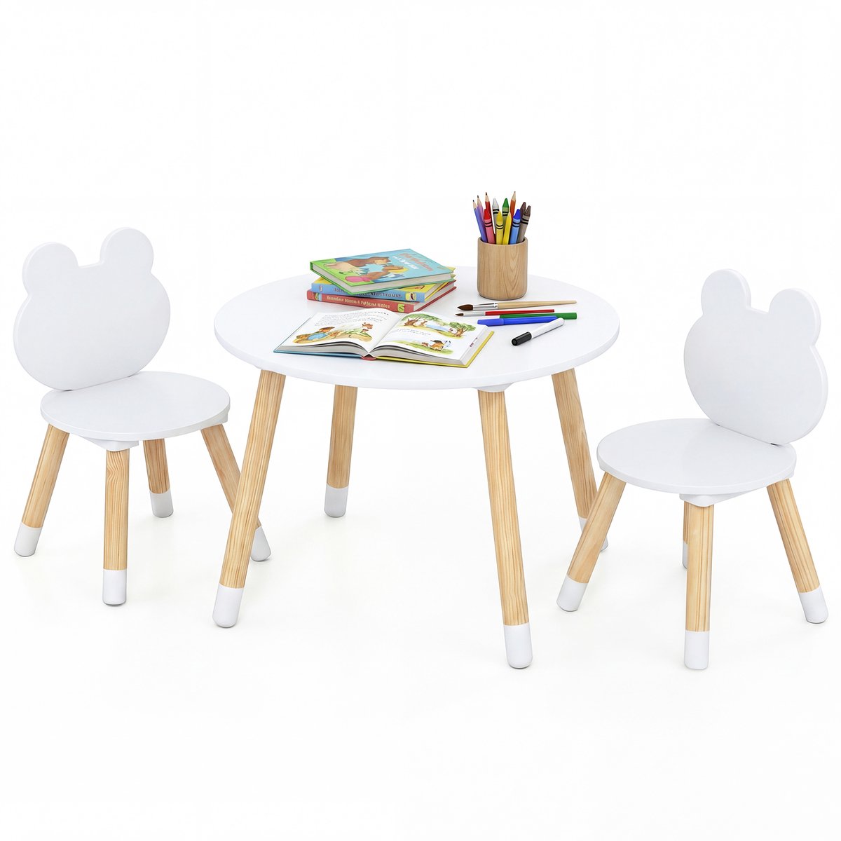 COSTWAY Kindertafel met 2 Stoelen in Kikker-vorm, 3-delige kinderset met grenenhouten poten, kindertafel en stoelen set voor binnen, ronde tekentafel voor kinderen vanaf 3 jaar (Wit)