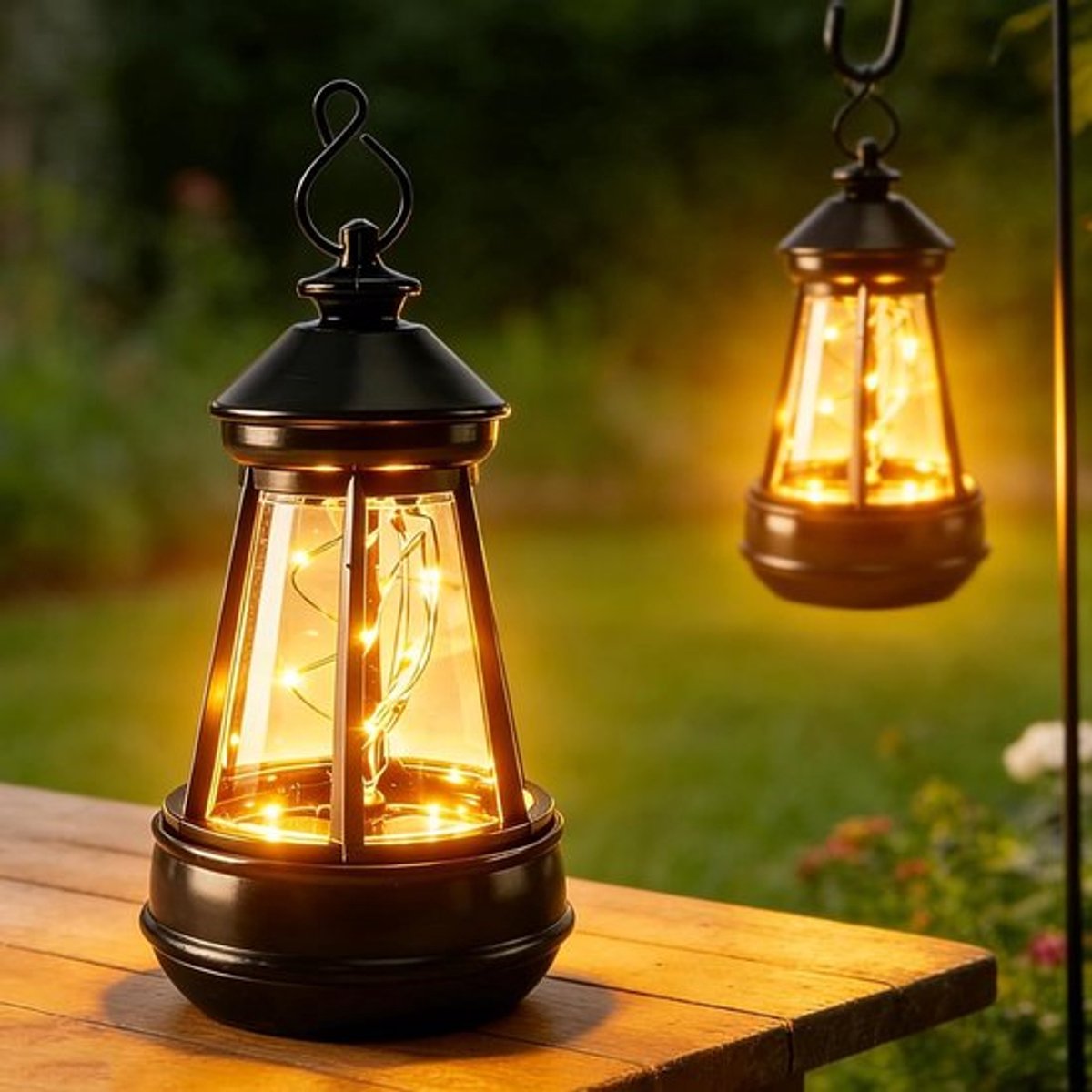 2 x LED solarlampen voor buiten, automatische lichtsensor, IP65 waterdichte lantaarns voor tuin, terras en campingdecoratie met sfeervol licht